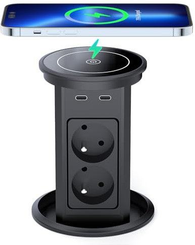 Dinolink - Presa a incasso automatica, multipresa a scomparsa con 4 prese, 2 USB C(PD 20W), 2 USB A(18W), caricabatterie wireless 10W, cavo da 2 m, diametro 100 mm, per ufficio, cucina