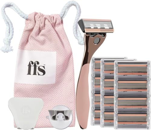 FFS Beauty Rose Shaving Set for Women 3-6 Month Supply – Personalised Premium Rose Razor Handle with Customised Engraving, 12 SmoothGlide 6-Blade Cartridges, Shower Holder, Travel Pouch & Protector