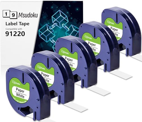 5 x Msudoku 91220 Ersättning för Dymo Letratag Etikettband 12 mm x 4 m Vitt Papper 91201 S0721520 Svart på Vitt Etiketter för Kompatibel med Dymo Letratag XR LT100H LT100T XM 200B 2000 | 12 mm x 4 m svart på vitt papper, kompatibelt med Dymo Letra Tag LT-100H LT-100T Plus XR XM 200B QX50 (papper vit 91200)