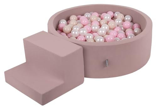 KiddyMoon Skumlekplats med rund bollpool (100 bollar) bollgropar för barn leksaker hinder, Ljung: pastellbeige/puderrosa/pärla