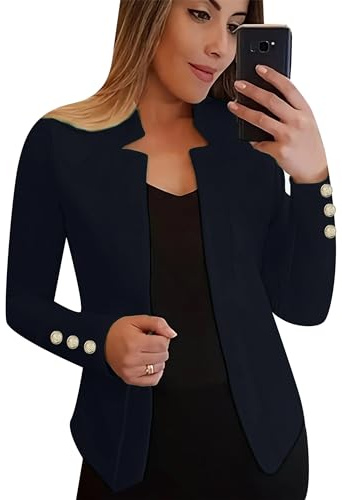EFOFEI Femmes Vestes en Maille Courtes Unies Veste De Bureau Revers Casual Blazer Conception Unique Costume Bleu Marine M