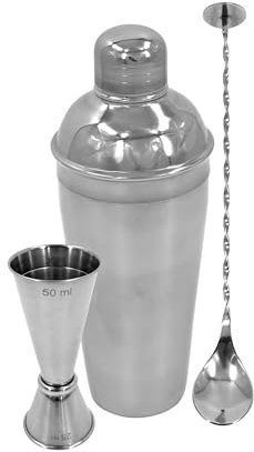 Premium Stainless Steel Cocktail Shakers Set: Bartender Kit with Shaker, Jigger, Muddler, Strainer, Pourers, Mixing Spoon, and Bar Blade (Stainless Steel, 3 Piece)