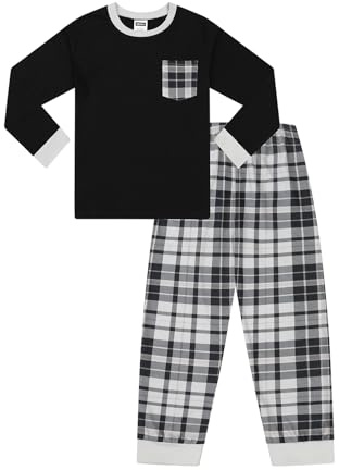 ThePyjamaFactory Pyjama Long en Coton à Carreaux Noirs et Gris pour Filles Pyjama pour Enfants (14-15 Ans)