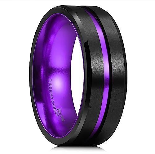 King Will Fede nuziale da uomo in carburo di tungsteno, 8 mm, finitura nera spazzolata con scanalature viola al centro, da indossare tutti i giorni, vestibilità comoda, S (9,5), S 1/2(60.8mm),