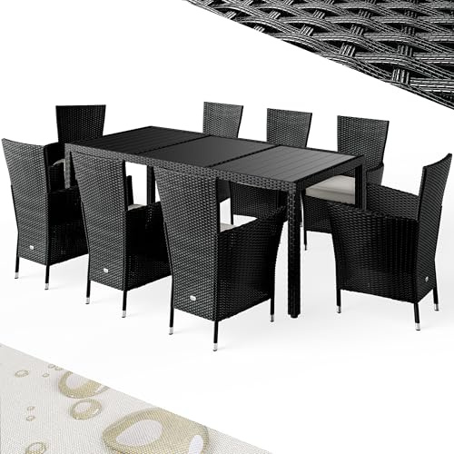 Casaria® Gartenmöbel Polyrattan 8 Stühle Stapelbar 190x90cm Gartentisch WPC Holz Wetterfest Outdoor Terrasse Sitzgruppe Essgruppe Garnitur Set Schwarz