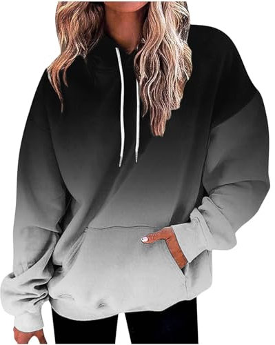 Awrvia Hoodie Damen Oversize Kapuzenpullover Farbverlauf Langarmshirt mit Kapuze Kapuzenpulli Casual Langarm Sweatshirt Baumwolle SPOR Pullover Leichte Basic Longshirt Taschen Oberteile Streetwear