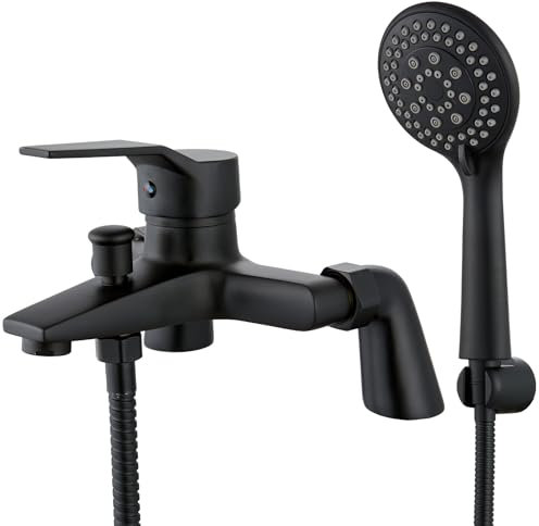Eovem Bath Tap with Shower Attachment Brass Single Lever Bathroom Bath Shower Mixer Tap Square Black Tub Bathtub Tap 180mm