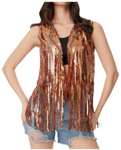 Darringls Damen Pailletten Quasten Jacke Glitter Lametta Fransensaum Disco Thema Party Mantel Metallische Pailletten Tops Shirt Karneval Kostüm Y2K Streetwear Cowboy Jacken Outwear Oberteile
