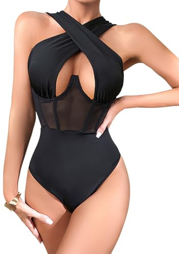CRIPOM Black Bodysuit Women Criss Cross Concert Outfits for Women Sexy Tops Body Suit Halter Neck Black Top Push up Bodysuit Club Tops Black S