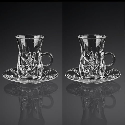 Juego de 2 vasos de cristal turco, vasos transparentes con asa, cristalería vintage, vasos y bandeja para café y té, decoración de cocina