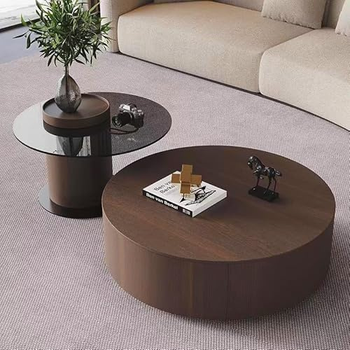 Ensemble De Deux Tables Basses Modernes Simples,Table Basse Ronde En Noyer Massif Avec Table D'appoint Funky Et Plateau En Verre Trempé, Table Basse Circulaires De Luxe Pour Le Salon(Light Walnut B)