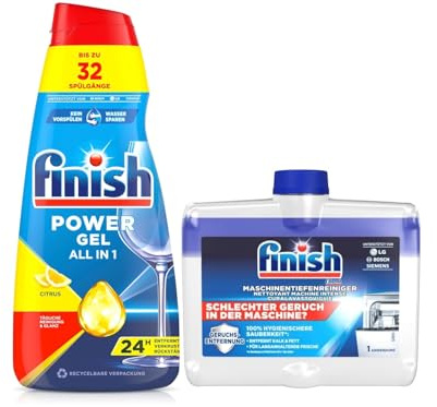 Finish Power Gel Citrus 650 ml, Maschinenpfleger 2-Phasen Regular 250 ml – Leistungsstarke Reinigung & Pflege, entfernt Fett und Kalk für strahlend sauberes Geschirr und eine gepflegte Spülmaschine