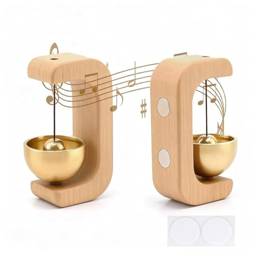 PHMING Cloche Porte D'entrée, Sans Perçage Carillon de Porte, Bois Massif en Forme de C Sonnettes de Porte Magnétiques, Autocollant Sonnette en Bois, pour Portes, Bureaux, Magasins, Cafés