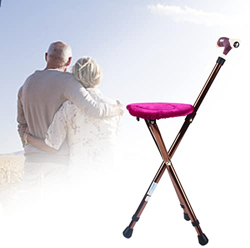 Folding Cane with Seat Adjustable Walking Stick Cane Matal Chair with Grip w/LED Night Light for the Elderly, Pregnant, Rehabilitation Patients(within Height 145-180cm)- Load 220lbs, Bronze Color