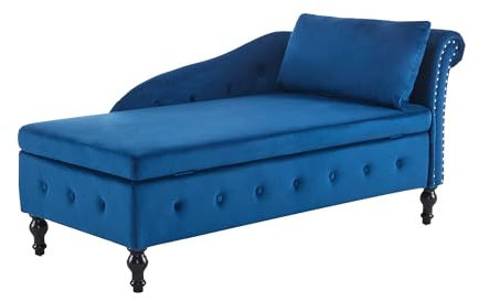 Klassisches Samt-Chaiselongue-Sofa mit verstecktem Stauraum, gepolsterter Knopf, Lendenkissen, Holzbeine, für Wohnzimmer, Schlafzimmer, Büro, Blau