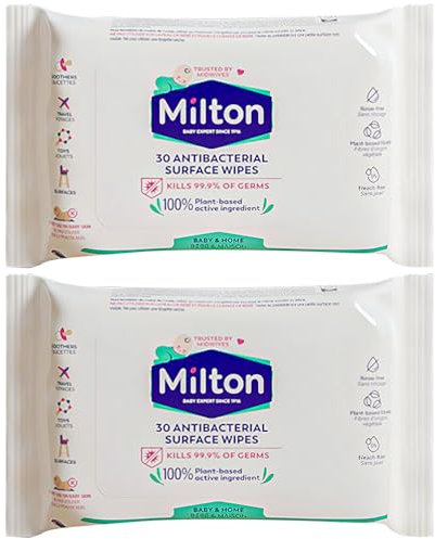 ZOPPER Milton Antibacterial Surface Wipes (2 x 30 Wipes) Baby Safe Disinfectant for Toyas Soothers & Highchairs Plant Based No Rinse Formula