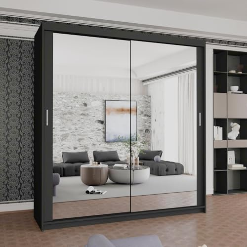 MN Furniture Sliding Mirror Wardrobe | Double Door Mirrored Sliding Wardrobe with Sensor LED Light | 90/100/120/150/180/203cm | White Black Grey Oak (Black, 203cm)