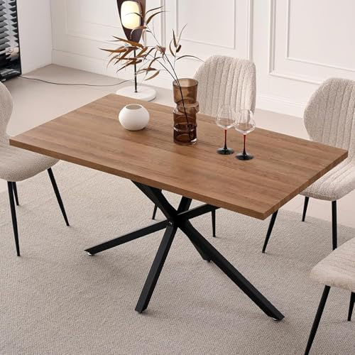 EGOONM Table à Manger Rectangulaire Moderne pour 4-6 Personnes,Table de Cuisine 140cm avec Structure en Métal pour Salle à Manger, Salon (Marron)