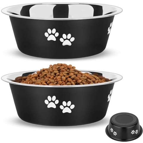 PETTOM Gamelle Chien INOX Antidérapante (Lot de 2, 2x860ml, Diamètre 17,5cm), Gamelle Eau Croquette pour Chiens Grand Moyen Petit en Acier Inoxydable - Noir