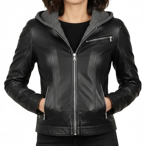 Leatherick Chaqueta Victoire de piel de cordero auténtica para mujer con capucha extraíble negra, cremalleras plateadas de primera calidad y bolsillos funcionales.