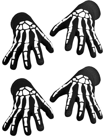 YUYWWAN Skelett Handschuhe Leuchtend Erwachsene Kinder, 2 Paar Schwarze Skeletthandschuhe Halloween, Kostümzubehör Handschuhe Skelett für Halloween, Karneval, Rollenspiel