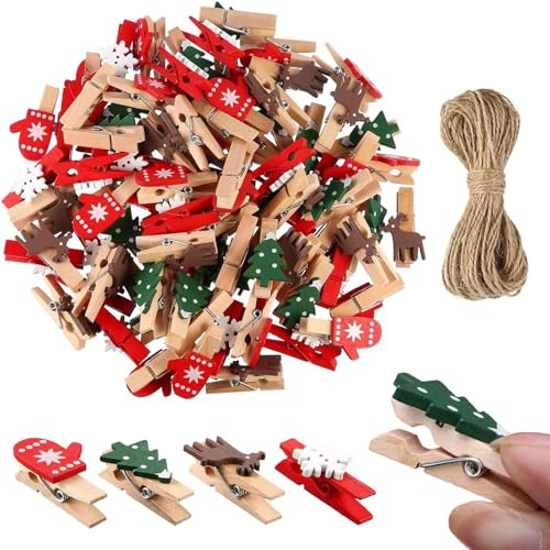 50 Stück Weihnachten Holz Clips, Wäscheklammern Holz Klein, Klammern Weihnachten, Mini Holzklammern zum Dekorieren für Fotowänden, Postkarten, Papiertüten (50)