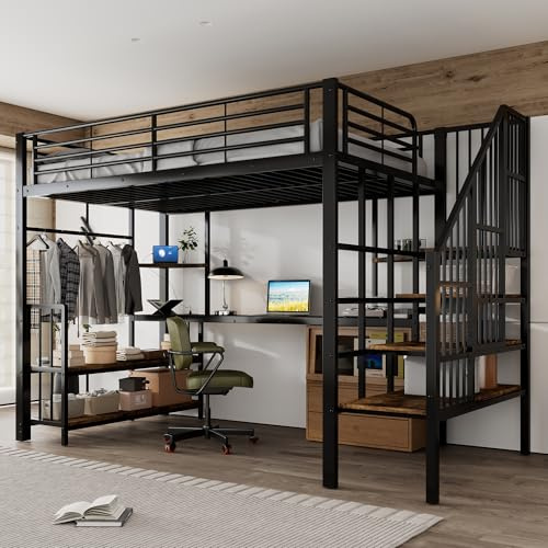 HESHU Metallbett Hochbett 120x200cm mit Schreibtisch und Ablageregal, Eisenbett Etagenbett mit offenem Kleiderschrank mit Hängebereich, Ecktreppe, Eisen + MDF, Schwarz+dunkle