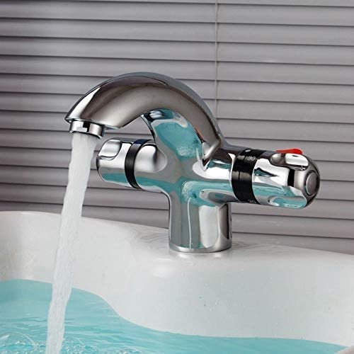 Thermostatic Bathroom Sink Faucet - Low Pressure Mixer Tap - Chrome Silver Bathtub Faucet - Double Handle Lavatory Mixer - Stylish & Durable Design