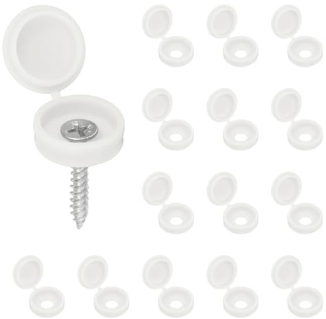 sourcing map 100pcs Plastic Hinged Screw Cover Caps 5.9mm / 0.23 Shutter Screw Caps Fold Snap Washer Covers for Windows Outside Railings Furniture, White