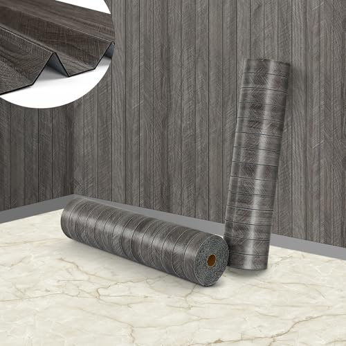 ReWallpaper 3D Wall Panels Self Adhesive Grey Wallpaper for Living Room Bedroom 30CMx3M Dark Oak Wooden Slats Wallpaper Grey Foam Wall Paneling for Furniture DIY Island Counter Door
