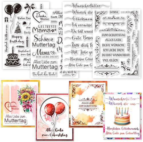 GLOBLELAND 4 Blatt Klare Stampl Deutsche Segenssprüche Transparente Stempel Set Handgeschriebene Segenssprüche Silikonstempel Geburtstage Clear Stamps für für DIY Journal Scrapbooking Fotoalbum