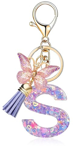 Porte-clés avec lettre,Porte-clés pour fille,porte-clés papillon,avec pendentif papillon et pampille,pour Cadeau femmes et filles (S, Violet)
