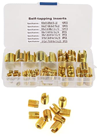 Aramox Selbstschneidende Einsätze, 50-teiliges Messing-Gewindeeinsätze-Set mit Schlitz, kein Vorschneiden für Metall und Kunststoff Erforderlich, M3-M10-Gewinde für Verbesserte Festigkeit und