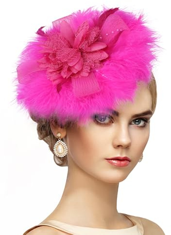 ETOFETE Fascinator Damen, Mesh Blume Feder Kopfschmuck Fascinator Hut mit Haarspange Haarreif Plüsch Untertasse, 20er Jahre Haarschmuck Faschingshut für Karneval Cocktail Tee Party