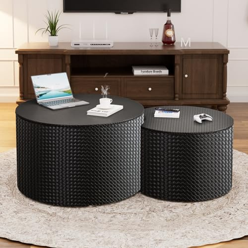 WXFKLDJ Schwarz,Rundes Beistelltisch-Set (2er-Pack) mit Stauraum | moderner Couchtisch aus Holz (MDF-Rahmen) mit Lederoberfläche, Mitteltisch, Beistelltisch für Wohnzimmer, Schlafzimmer