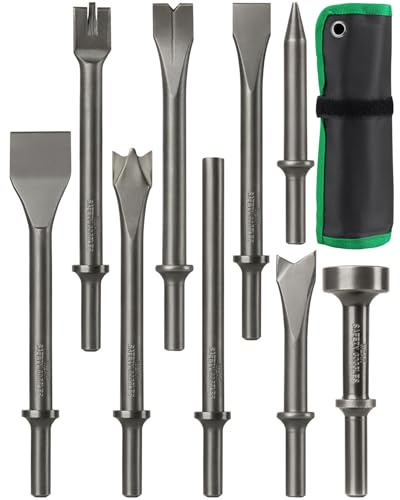 9pcs Air Hammer Chisel Set, 0.401 Shank Pneumatic Hammer Bits with Canvas Pouch, Air Punch Chipping Chisel Attachments for Auto Body Repair, Rivet Tile Masonry Rust Removal, Concrete Stone Demolition