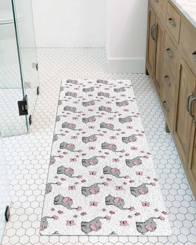 Elephants Butterflies Shower Mat Non Slip Bathtub Mat Cartoon Cute Modern Animal Bath Mat Soft Loofah Shower Mats for Shower Tub Bathroom Quick Drying Foot Mat, 16x36 Inch