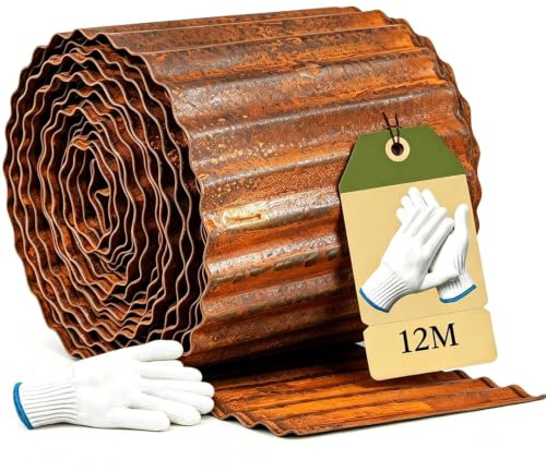 Omtofo Bordura per Aiuola in Acciaio Corten 12 m, Bordura Corten per Giardino, Altezza 15 cm, Recinzione per Aiuole con Aspetto Ruggine per Aiuole, Allee, Alberi e Ghiaie, 1 Paio di Guanti Inclusi