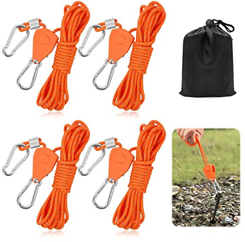 4 Stück 4mm Reflektierend Abspannseile Seil mit Seilspanner, 4M Seil Ratsche Zeltschnur Leuchtend mit Spanner Einsteller Einstellbare Nylon Outdoor Seil für Zelt Zeltplane Sonnensegel Camping