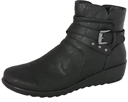 Cushion Walk Women's Black Low Wedge Ankle Boots with Zip Fastening & Buckle and Stud Detail - Non-Slip Sole - Sizes 4-8 (8 UK, Black)