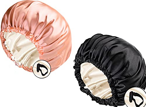 2 Stück Damen Satin Schlafmütze Seiden haube für lockiges Haar，Satin Haarhaube zum Schlafen große doppellagige verstellbare Satinhaube für Frauen Pink+Black