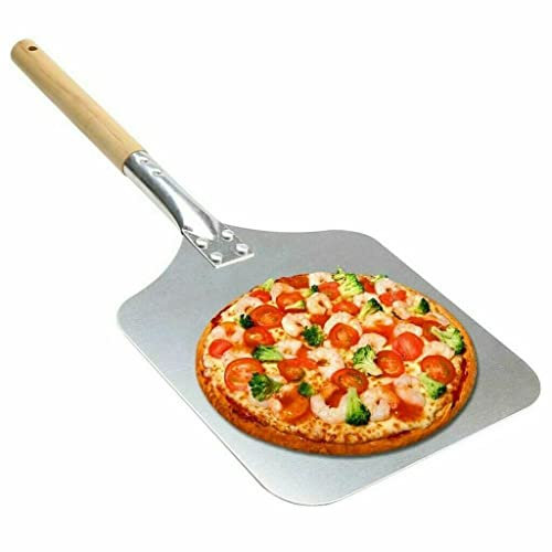 Vintage Gourmet ® 12 x 14 Inch Aluminium Pizza Peel with 10 Inch Wooden Handle Outdoor Indoor Pizza Oven Traditional Style Professional Pizza Paddle Shovel Bakers Oven Cakes Flat Bread Baking at Home