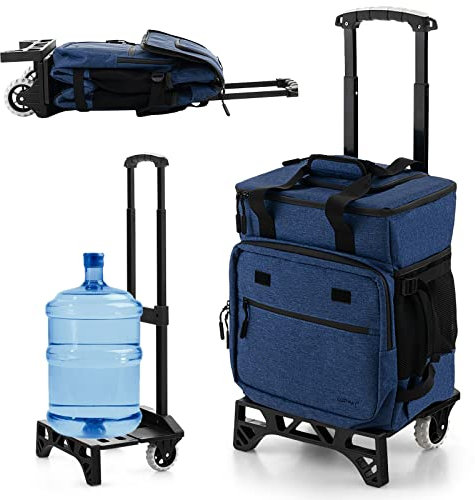 COSTWAY 50-Can Collapsible Rolling Cooler, 3-in-1 40L Portable Insulated Cool Bag with All Terrain Cart, Adjustable Handle & Wheels, Leakproof Cooler Trolley for Picnic Camping Outdoor (Dark Blue)