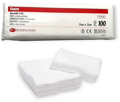 DE Healthcare Products – Mullkompressen (100 St.), 5 × 5 cm, unsterile Wundauflagen aus 100% faserfreier Baumwolle, 12-fach gelegtes saugfähiges Wundmaterial
