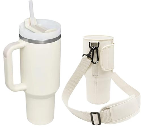 1 taza térmica blanca lechosa con 1 funda para taza, taza de vacío de acero inoxidable, taza de café de gran capacidad, botella de agua portátil a prueba de fugas, reutilizable (40 oz)