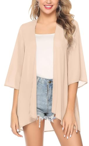Irevial Kofta för dam chiffong kimono sommar elegant strandöverdrag med 3/4 ärmar enfärgad lätt blus toppar för strand fest semester, Aprikos, XXL