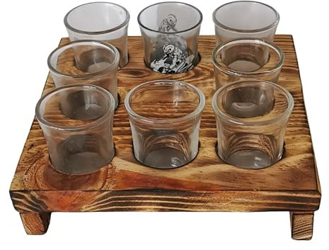 Producmar - Bandeja Portachupitos 8 Unidades Personalizable. Soporte para Vasos de Ocho chupitos de Cristal de 30ml Producto único Hecho a Mano de Madera reciclada. Ideal para Fiestas y cumpleaños