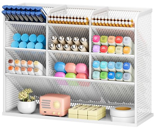 VITVITI Schreibtisch Organizer, 9 Fächer Stiftehalter, Netz Stifte Regal aus Metall, Stiftehalter Schreibtisch für Schule Heim Büro (Weiß)