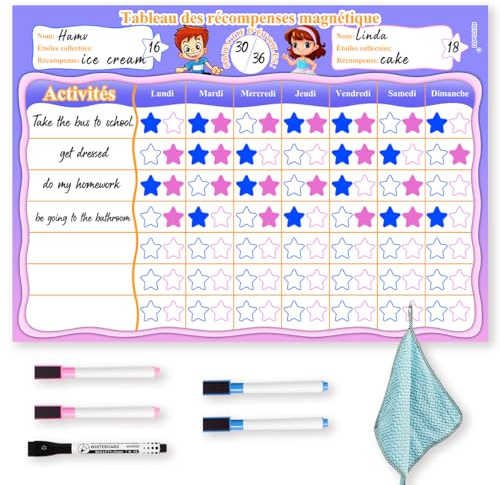 LOVEXIU Belohnungstafel Kinder,Belohnungssystem Kinder,Magnetische Belohnungstafel für Kinder,Tagesplaner Kinder Routine,Wochenplaner Kinder,für Mädchen/Jungen,34 X 24 cm,Belohnungstafel Französisch