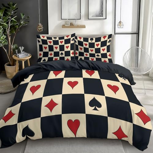 Quixora Housse De Couette 240 x 260 cm Cœurs à Carreaux Piques Parure De Lit avec Fermeture éClair Microfibre Gris foncé Bleu Housse De Couette, Impression Housse de Couette Set 3 Pièces